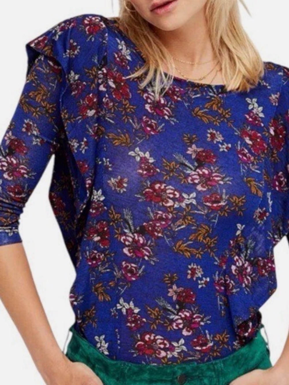 Free People Dock Street Blue Floral Ruffle Blouse with Burgundy Accents
